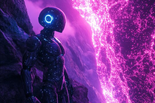 A futuristic robot stands before a vibrant cosmic portal
