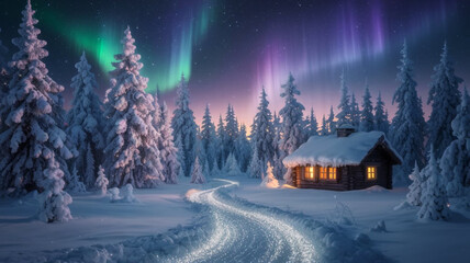 A photo of an enchanting winter forest filled with tall pine trees covered in sparkling white snow. The cold air seems to glow with gently drifting snow particles. In the middle of the forest, there i