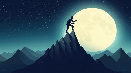 Fototapeta premium Silhouette of Climber on Mountain Against a Full Moon Background