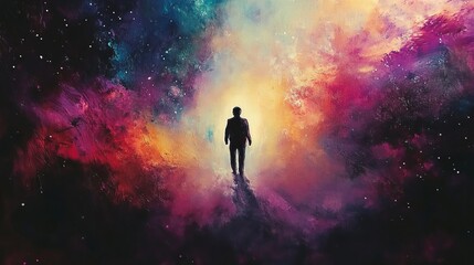 Fototapeta premium Mysterious Figure Walking Through Colorful Cosmic Landscape