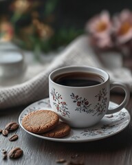 Fototapeta premium A cozy scene with a floral-patterned cup of black coffee and two round cookies, radiating warmth.