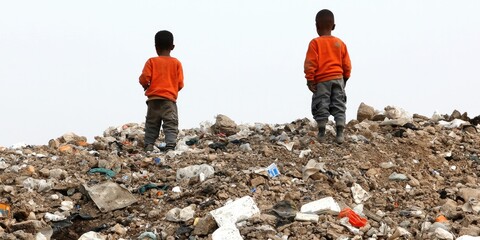 Global Warming Disease outbreak concept. Two children in orange shirts stand on a mound of garbage, highlighting issues of poverty and environmental degradation.