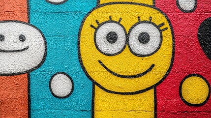 Colorful and Cheerful Urban Mural Featuring Happy Yellow Character with Big Eyes and Smiling Face on Vibrant Background