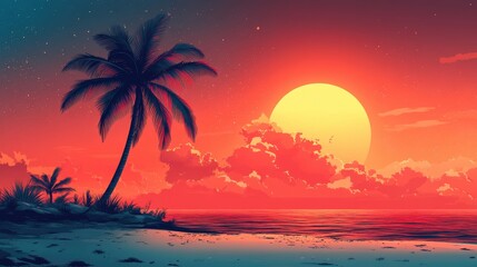 Obraz premium A vibrant sunset over a tranquil beach with palm trees, evoking relaxation and beauty.