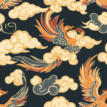 Chinese Cloud Motifs Vibrant design featuring stylized phoenixes soaring among decorative clouds in a rich color palette on a dark background.