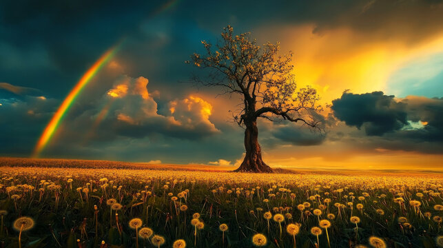 "Whispers of Nature: Dandelion Field and a Dead Tree Beneath a Cloudy Sky with Rainbow"

