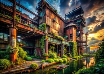 Decaying shrimp plant, post-apocalyptic urban exploration; grungy textures, dark atmospheric photography.