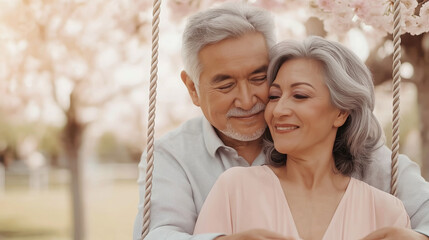 Senior Latino couple relaxing together, sharing warm embrace amid spring blossoms on wooden garden swing