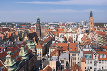Fototapeta premium Wroclaw Skyline from Penitents Bridge at St. Mary’s Church, Poland
