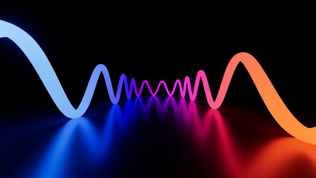 3d render of a vibrant, abstract representation of light waves in various neon colors against a dark background. Synthwave style music equalizer. Visualization of fluctuations