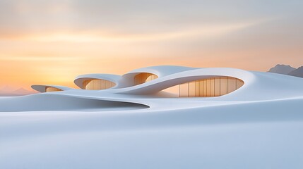 Futuristic white house at sunset.