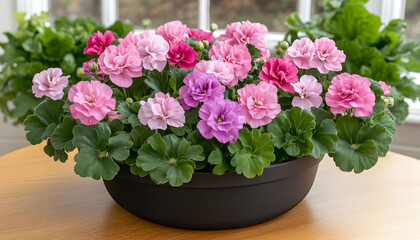 Vibrant pink and purple geraniums in a black planter, creating a beautiful floral display. Perfect for home decor, gardening blogs, or spring/summer themes.