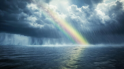  "Swedish Serenity: Rainy Lake with a Sunlit Rainbow Under Cloudy Skies"