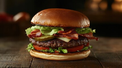 Delicious hamburger with crispy bacon and fresh ingredients on wood