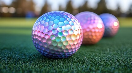 Colorful golf balls glisten in the afternoon light on a lush green field during an outdoor golfing session. Generative AI