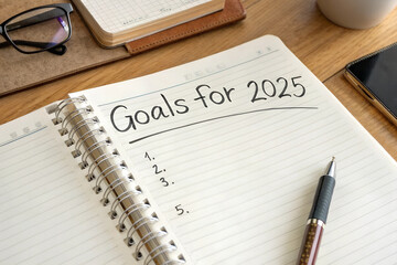 Goals for 2025 are written down in a notebook lying on the table.