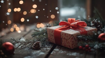 A charming Valentine's Day gift box wrapped in red ribbon, surrounded by snowflakes and winter greenery on a rustic table.