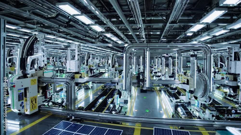 Poster advanced manufacturing facility showcasing automated machinery in a high-tech production environment