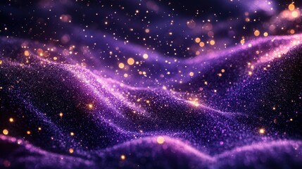 Stunning cosmic landscape shining with vibrant purple and gold hues illuminating the waves of shimmering stardust. Generative AI