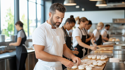 Experienced pastry chef instructing culinary students, dusting desserts with powdered sugar in commercial kitchen workspace