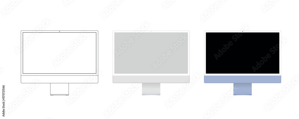 Poster Computer in linear, realistic clay style Blank computer monitor template on white background