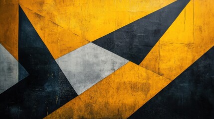 Bold geometric patterns intertwine in striking yellow and black against a textured backdrop in urban art display. Generative AI