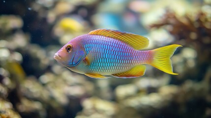 Colorful tropical fish in coastal waters. Animals of the underwater sea world. Life in a coral reef. Ecosystem. 