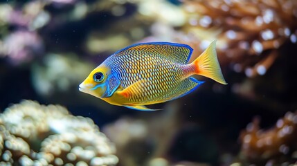 Colorful tropical fish in coastal waters. Animals of the underwater sea world. Life in a coral reef. Ecosystem. 