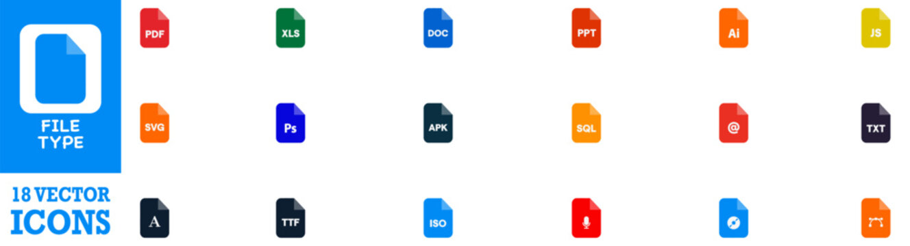File type icon. Document file type format. File formats in flat design. File and documents extensions. Icons for ui. Vector illustration. Vector Graphic. EPS 10