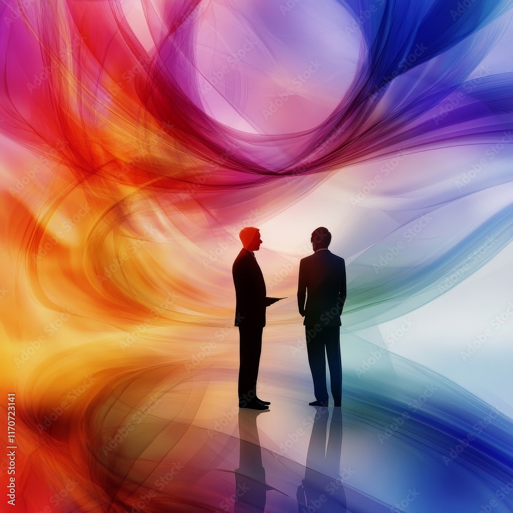Sticker two men are standing in front of a colorful background