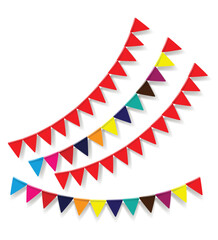 Obraz premium Greeting or Party invitation with carnival flag garlands. Part decorating concept with colorful hanging above. Vector illustration with copy space for your text.