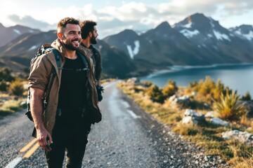 A fit, disabled mixed race male athlete with prosthetic leg, enjoying his time on a trip to the mountains, hiking, walking on the road by the sea. Active lifestyle with disability.