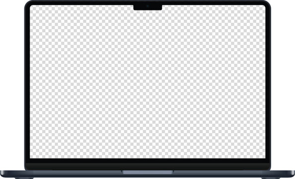 Realistic mockup of the latest Macbook Air 16 inch blank screen personal by Apple Computers, screen, silver & black laptop color on isolated background. Apple Macbook Pro 13" Midnight