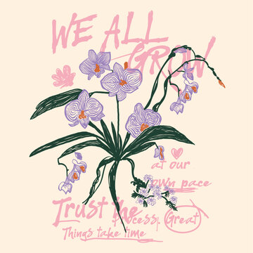 flower graphic in vector, Good Vibes text print. girls graphics. grunge texture.  font . hand writing text. summer t shirt design. summer tropical flowers printed t-shirt design.