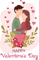 Composition with a couple in love and a heart with flowers and leaves. Greeting card for Valentine's day with a man and a woman hugging