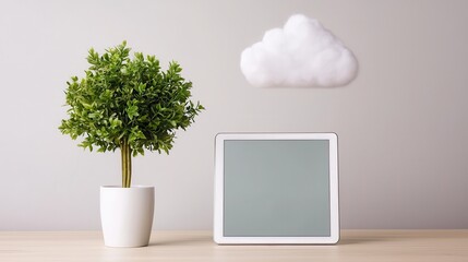 Cloud computing enables storage and deployment. Modern workspace featuring a plant and digital device with cloud decor.