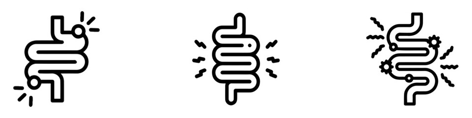 Diarrhea icon set. Diarrhea stomach gut health icons. Intestine digestive system vector symbol. Vector Illustration. EPS 10