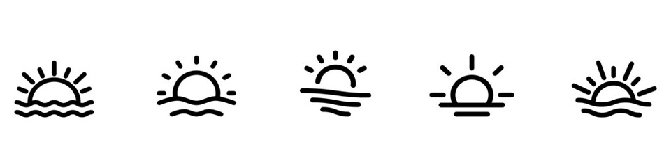 Sunset icon. Rising sun icon. Sunshine, sunrise or sunset. Sunset sunrise water sea ocean. EPS 10