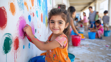 Fototapeta premium Young female artist creating vibrant environmental artwork alongside classmates and educators during collaborative community project