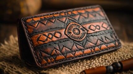 Handcrafted leather wallet with intricate designs displayed on rustic fabric in warm lighting. Generative AI