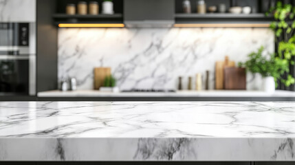  "Elegant Foundation: Marble Stone Tabletop with Blurred Kitchen Interior for Product Display"