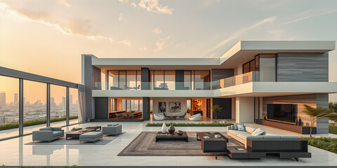 3d rendering of modern house at evening. Luxury modern loft home with open outdoor terrace, glass walls, elegant furniture. Amazing interior perfect real estate, villa design. Architectural beauty
