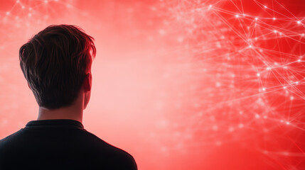 IT professional reviewing network visualization with glowing red nodes on large digital display, highlighting cybersecurity infrastructure monitoring processes