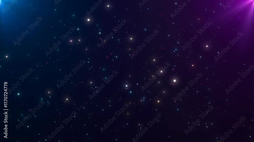Sticker abstract background with colorful glittering glowing floating particles