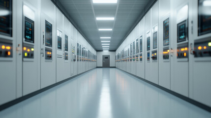 Control room interior with glowing monitors, displaying intricate scientific equipment and technological infrastructure for advanced research purposes