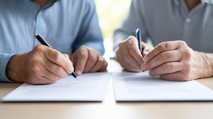 Two businessmen signing contracts during a business meeting, using pens, sitting at a wooden table