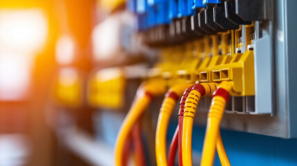 Yellow and red cables connecting to terminals in an electrical panel emphasize the significance of electrical safety in industrial settings