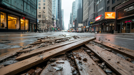 Naklejka premium Low-angle perspective revealing splintered wooden boards strewn across urban pavement, indicating structural disruption or construction activity