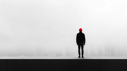 Obraz premium Construction worker wearing red safety helmet surveying urban skyline through misty morning, monochrome architectural scene with negative space