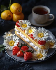 Delicious dessert featuring a pastry topped with strawberries and daisies, accompanied by tea and fresh fruit.